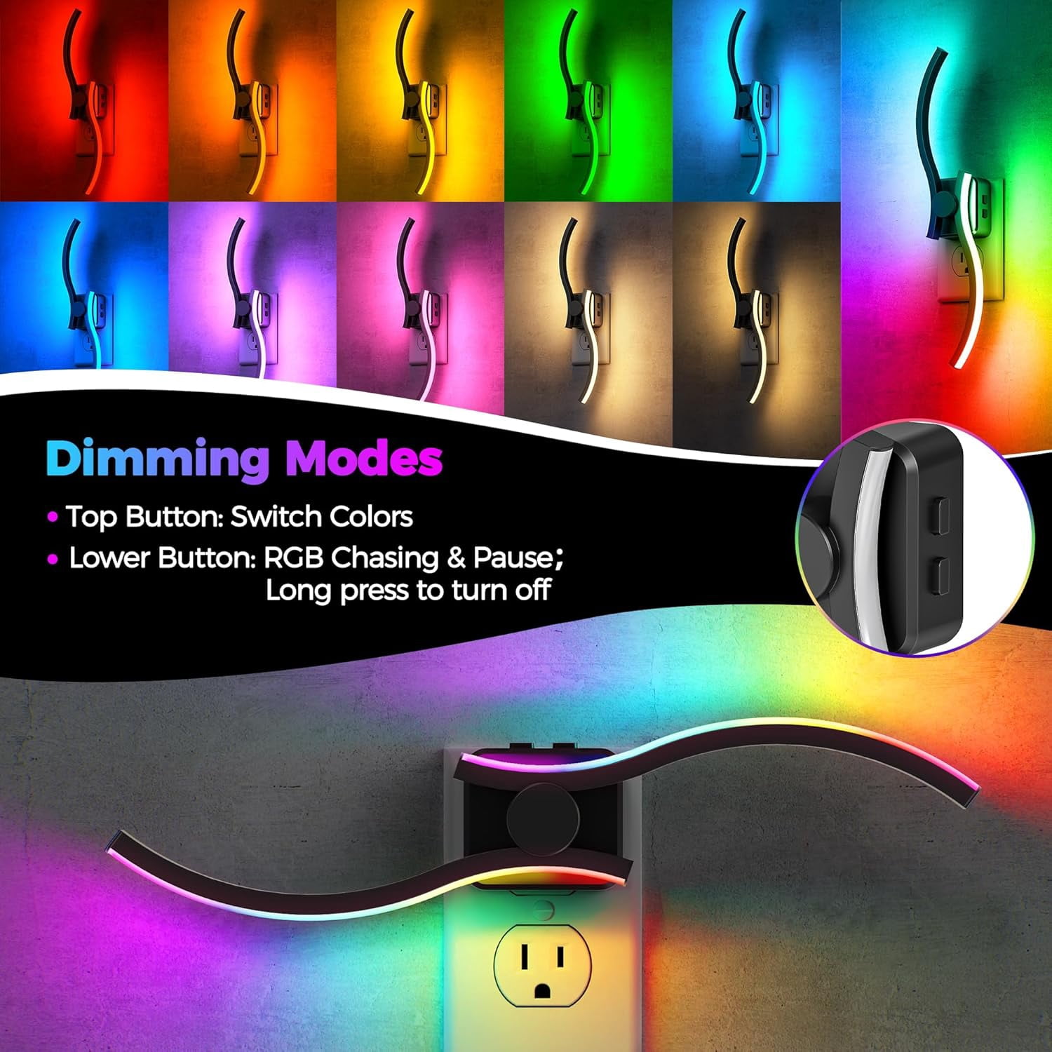 RGHJAR-Night Lights Plug into Wall, 3000K+8 Color Changing Dimmable LED Night Light 1W 180° Rotating Wall Sconce Dusk to Dawn Sensor Plug in Nightlight for Bathroom Bedroom Hallway Kitchen
