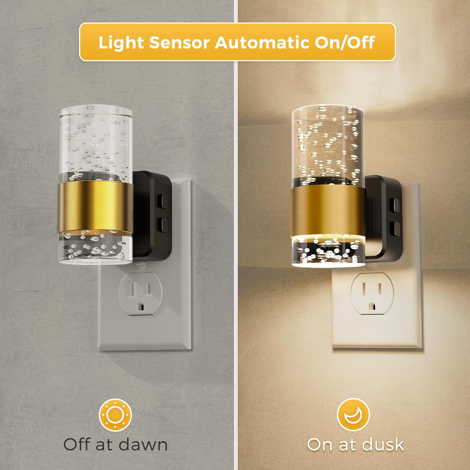 RGHJAR-Night Lights Plug into Wall, Dimmable Night Light with Dusk-to-Dawn Light Sensor, Soft White/Cool White/Amber 3 Light Color, Adjustable Brightness, Rotatable plug, Bubble Nightlight for Hallwa