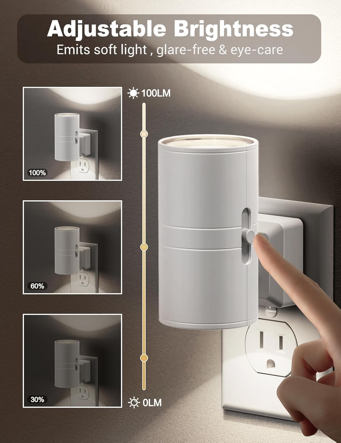 RGHJAR-Night Lights Plug into Wall, Dimmable Night Light Plug in, Modern Night Light Dusk to Dawn Light Sensor, Cool White 5000K, 0-100LM Adjustable Brightness Nightlight for Hallway Bedroom, 2 Pack