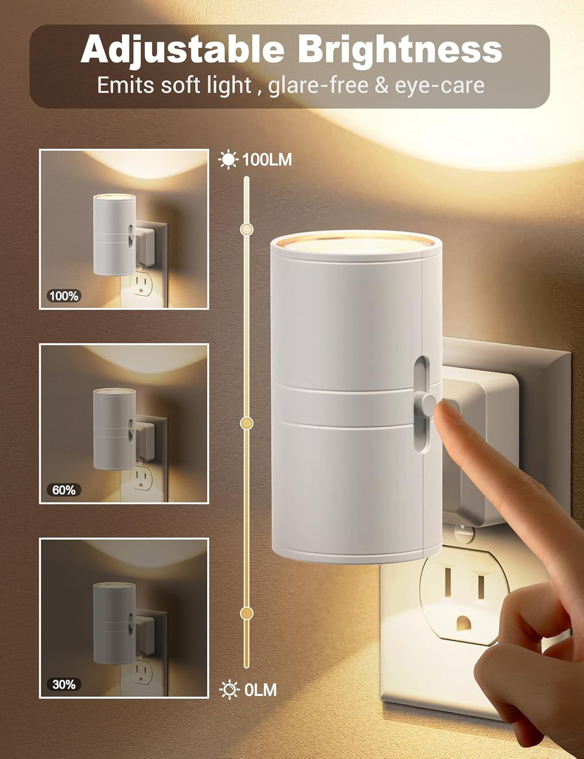 RGHJAR-Night Lights Plug into Wall, Dimmable Night Light Plug in, Modern Night Light Dusk to Dawn Light Sensor, Warm White 3000K, 0-100LM Adjustable Brightness Nightlight for Hallway Bedroom, 2 Pack