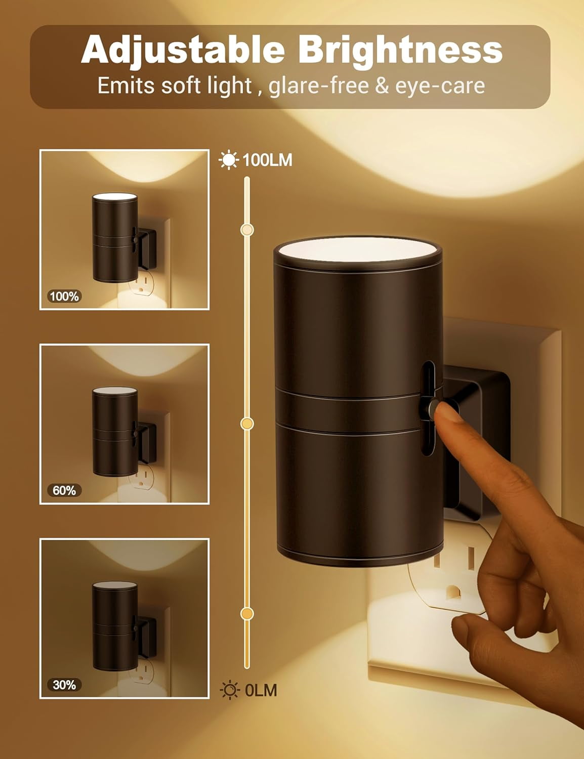RGHJAR-Night Lights Plug into Wall, Dimmable Night Light Plug in, Modern Night Lights with Dusk to Dawn Light Sensor, Soft White 3000K, 0-100LM Adjustable Brightness Nightlight for Hallway Bedroom, 2