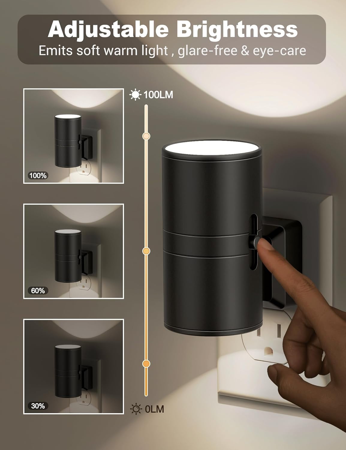 RGHJAR-Night Lights Plug into Wall, Dimmable Night Light Plug in, Modern Night Lights with Dusk to Dawn Light Sensor, Soft White 5000K, 0-100LM Adjustable Brightness Nightlight for Hallway Bedroom, 2