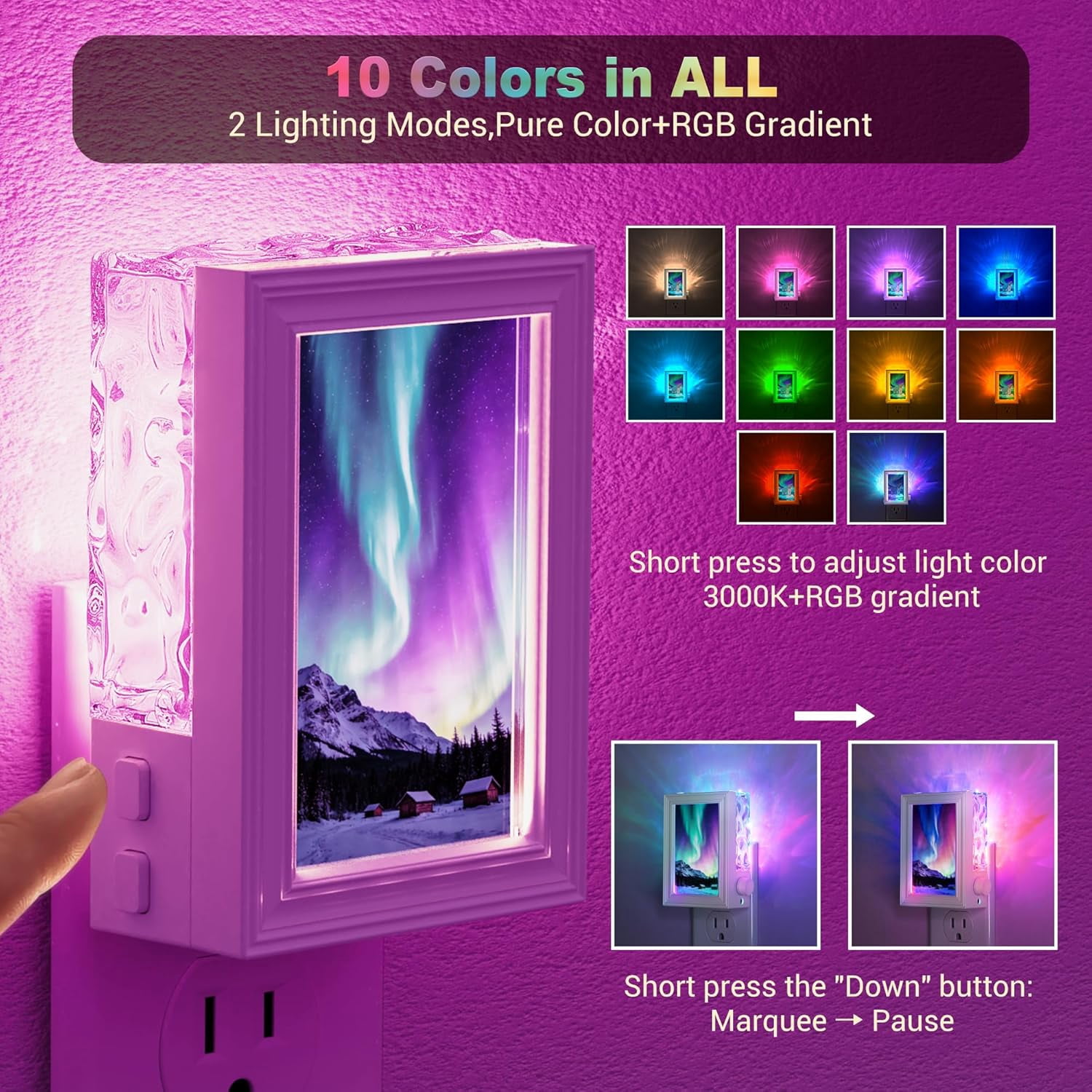 RGHJAR-﻿ Night Lights Plug Into Wall: Picture Night Light with 10 Color Change, Dusk to Dawn Sensor, Backlit Nightlight with Picture Frames for Women Teen Girl Birthday Gifts Northern Light Projector
