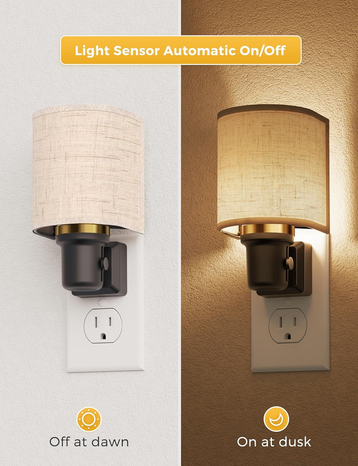 RGHJAR-Night Lights Plug into Wall, Plug in Night Light Dimmable, Farmhouse Decorative Nightlights Plug in Wall, Light Sensor 0-100LM, Soft Linen Fabric Nightlight Warm for Bedroom Hallway Decor