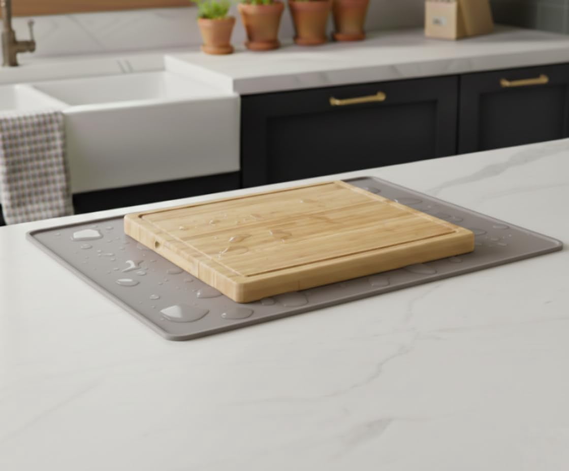 RGHJAR-, Non Slip Cutting Board Mat, Grip Mat Pad, Under Kitchen Cutting Board, Raised Edges, Extra Large, Easy to Clean, 19 x 13 Inches, Taupe