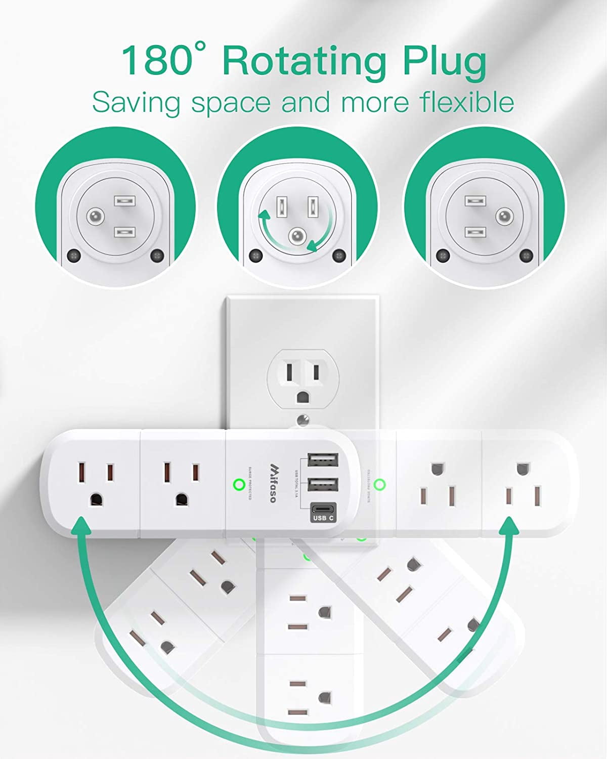 RGHJAR-Outlet Extender with Rotating Plug, Surge Protector 6 AC Multi Plug Wall Outlets and 3 USB Ports, 1800 Joules, 3-Sided Swivel Power Strip Spaced Splitter for Home, Travel, Dorm Room Essential