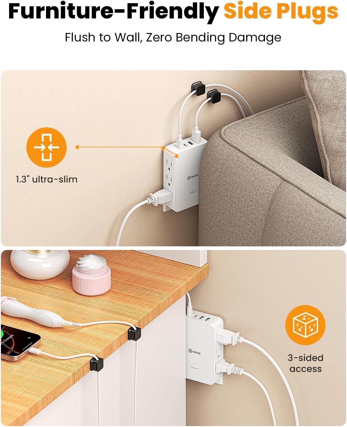 RGHJAR-Outlet Splitter with 6 AC Side Outlets, Flat Wall Outlet Extender with PD 20W USB C, 3-Sided Electrical Outlet Extender with 4 Cable Clips for Behind Couches, Nightstands, Desks, TV