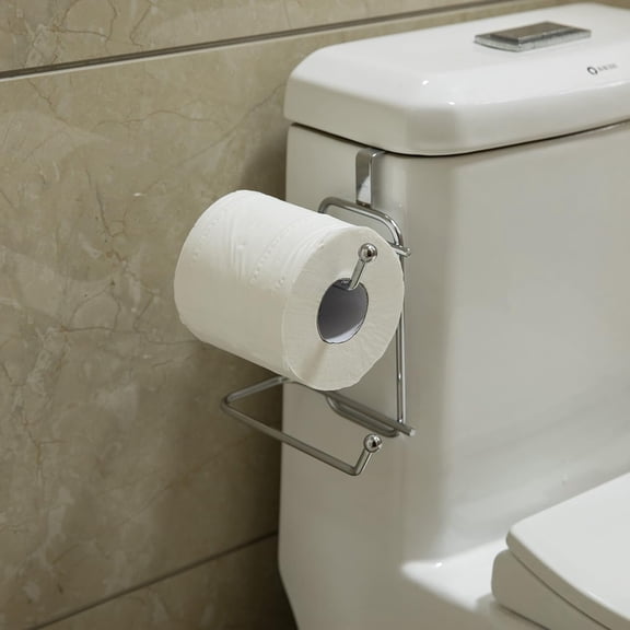 RGHJAR-Over-The-Side Tank Double Toilet Paper Holder Compact Modern Bathroom Organizer Practical Storage Rack for Extra Rolls Offering Quick & Easy Access for Everyday Use, Silver