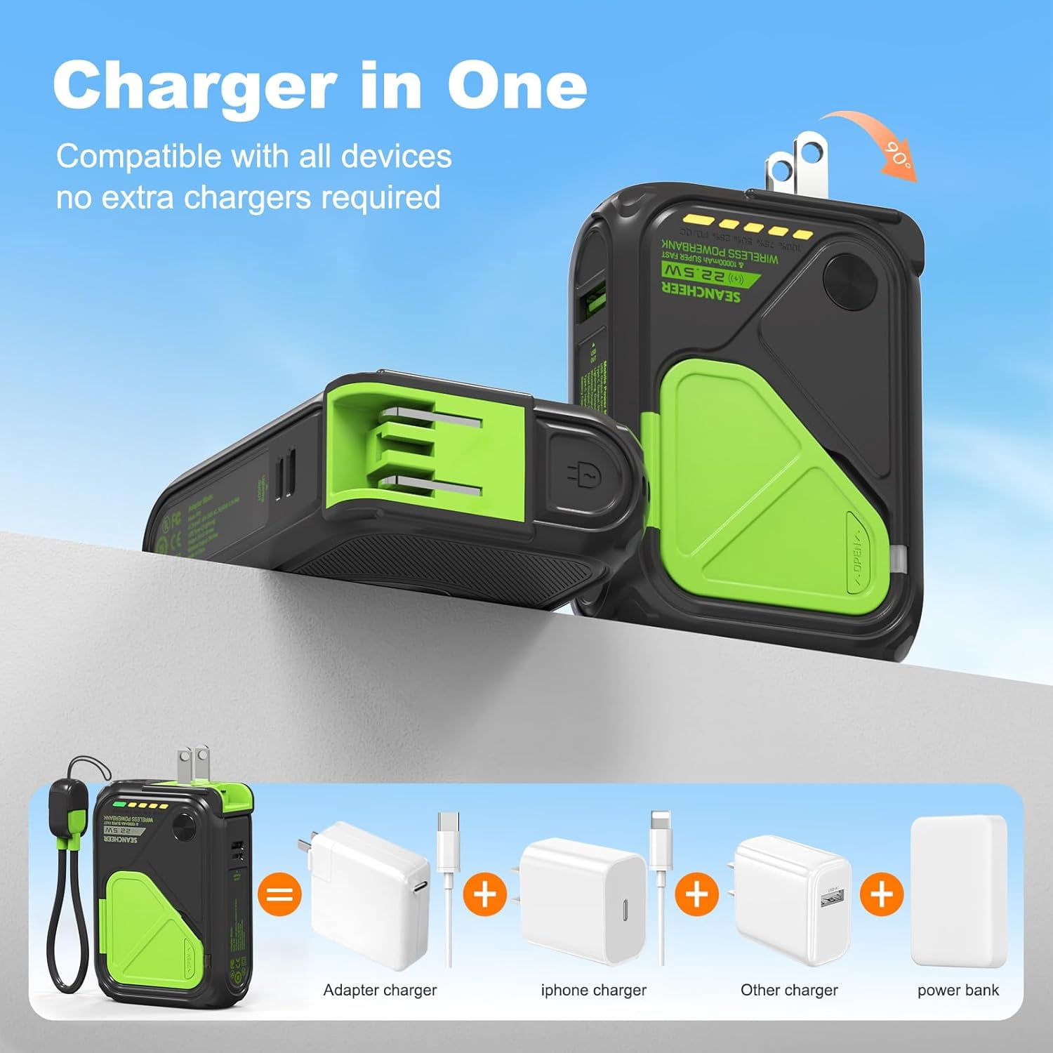 RGHJAR-P05 Portable Charger, Magnetic Power Bank, Small Wireless PowerBank,Emergency Battery Pack 10000mAh Travel Essentials Fast Charging with Built in Cable, Wall Plug for iPhone,Samsung,Andriod