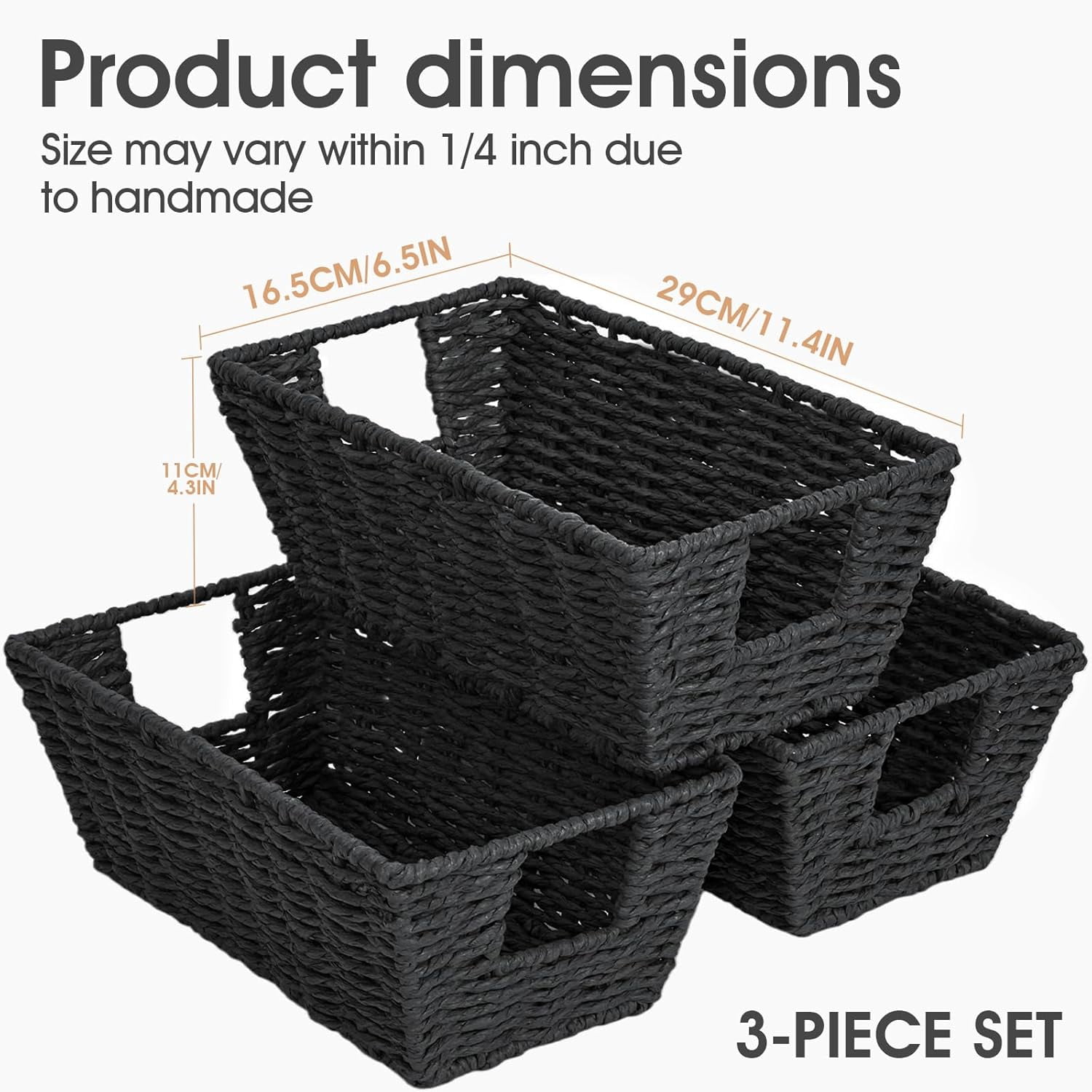 RGHJAR-Paper Rope Storage Baskets for Shelves Organizing, Small Hand Woven Wicker Organizer Basket with Handle for Bathroom Toilet Paper Storage, Black, 3-Pack