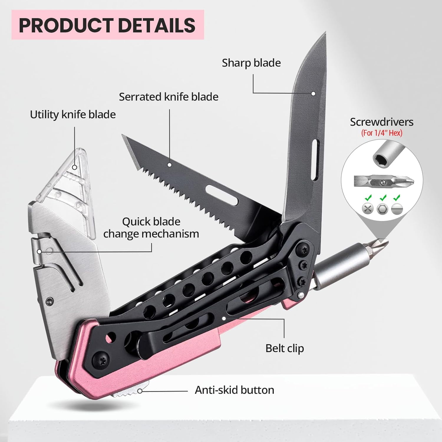 RGHJAR-Pink Box Cutter Knife, Folding Utility Knife, 6 in 1 Razor Pocket Utility Knives Multitool with Clip, 5 Razor Blades, Screwdriver, Saw, Safe Lock, Work Knives, EDC Gadgets Gifts for Men Women