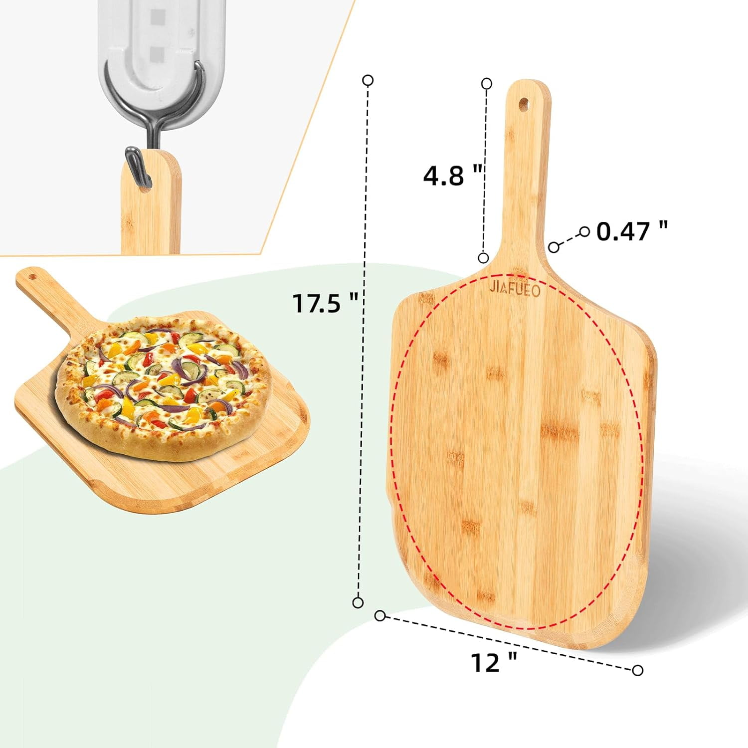 RGHJAR-Pizza Peel 12 inch, Bamboo Pizza Paddle Spatula - Wooden Serving Board, Oven Accessory for Baking Homemade, Wood Cutting Board for Cheese Bread Fruit Vegetables