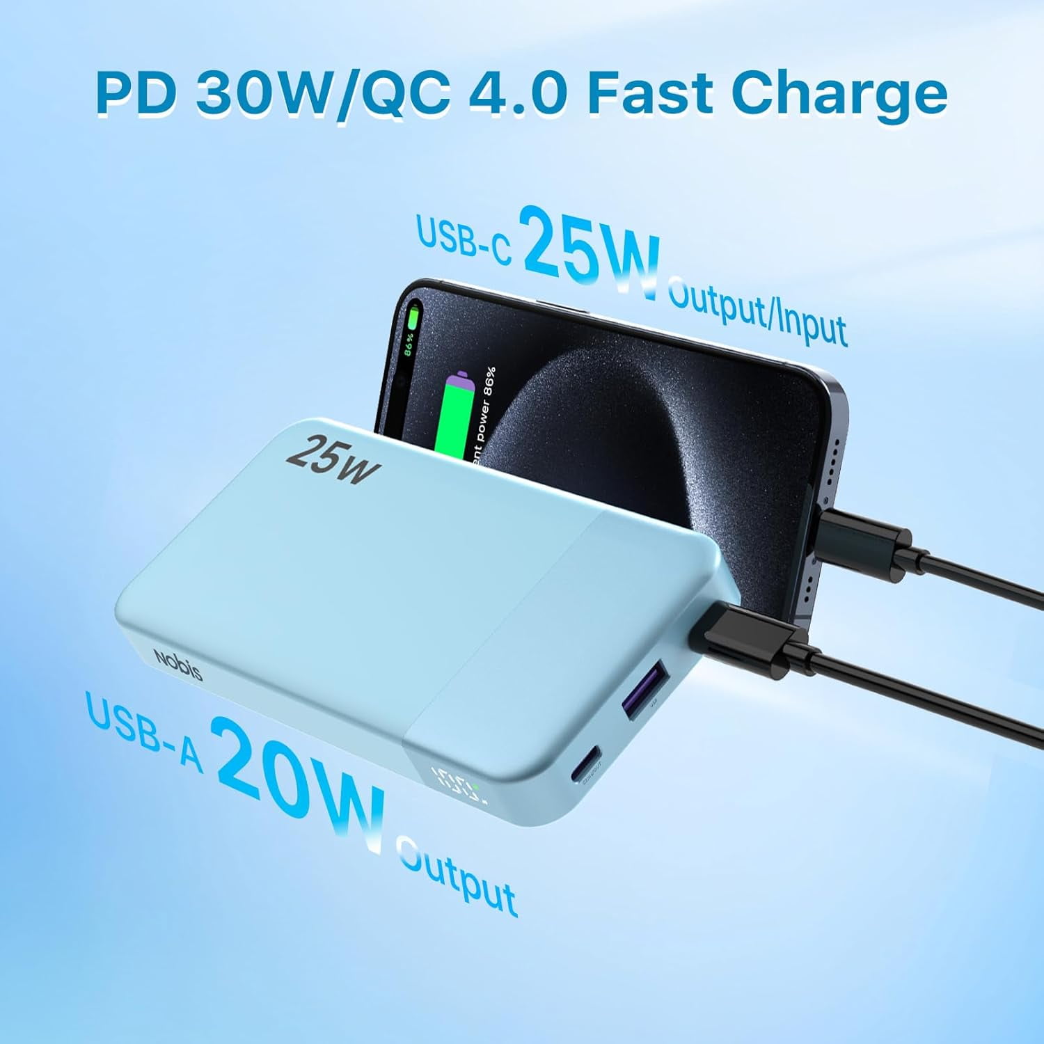 RGHJAR-Portable Charger, 10000mAh Power Bank Fast Charging, Battery Pack with C to C Cable, Battery Bank with Digital Display for iPhone iPad Android etc