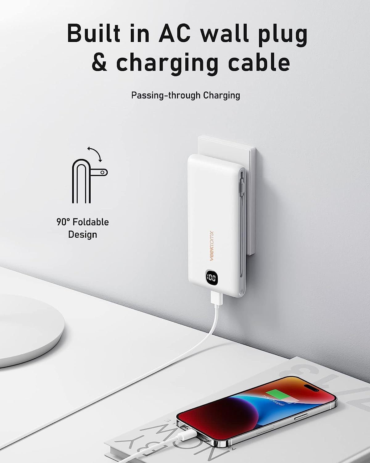 RGHJAR-Portable Charger with Built in Cables 10000mAh, Power Bank for iPhone with AC Wall Plug, Fast Charging USB C Slim Battery Pack with LED Display Compatible with iPhone 17/16/15/14, Samsung