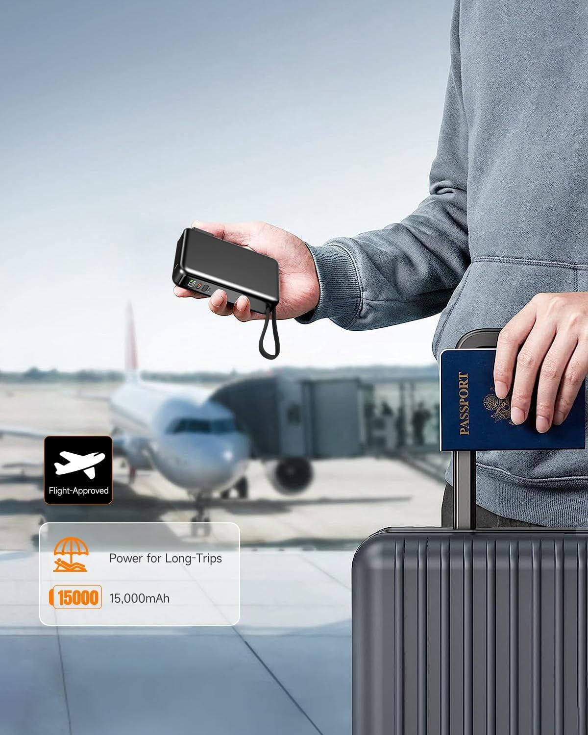 RGHJAR-Portable Charger with Built-in Cables & Wall Plug, 15000mAh Power Bank, 35W USB C Fast Charging 3 Outputs, Airline-approved Slim Travel Battery Pack with LED Display for iPhone 17/16/15/14 Ser