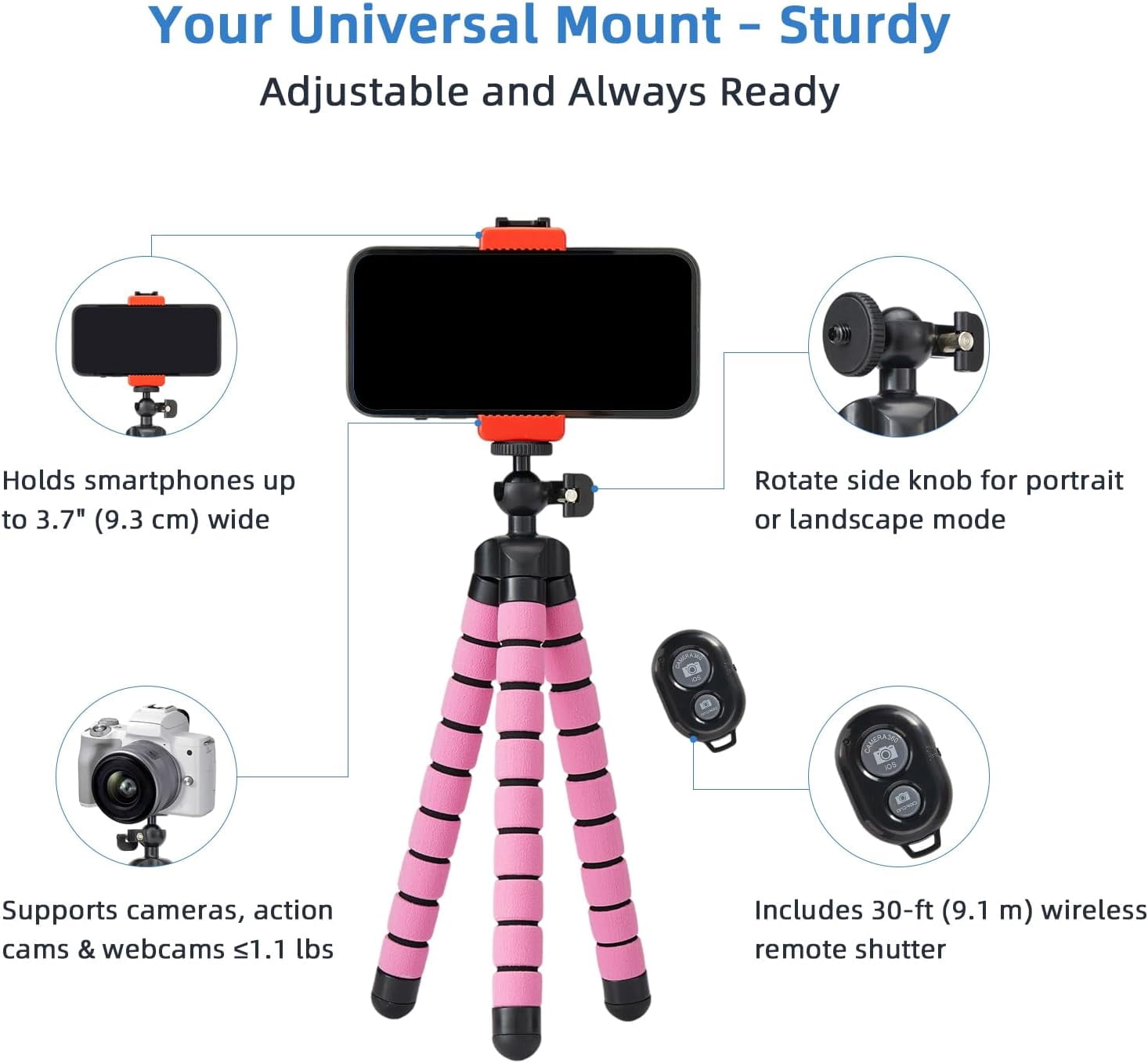 RGHJAR-Portable & Flexible Phone Tripod with Wireless Remote & Adjustable Clip – Compact Cell Phone Tripod Stand for Video Recording, Vlogging, and Live Streaming（Pink）