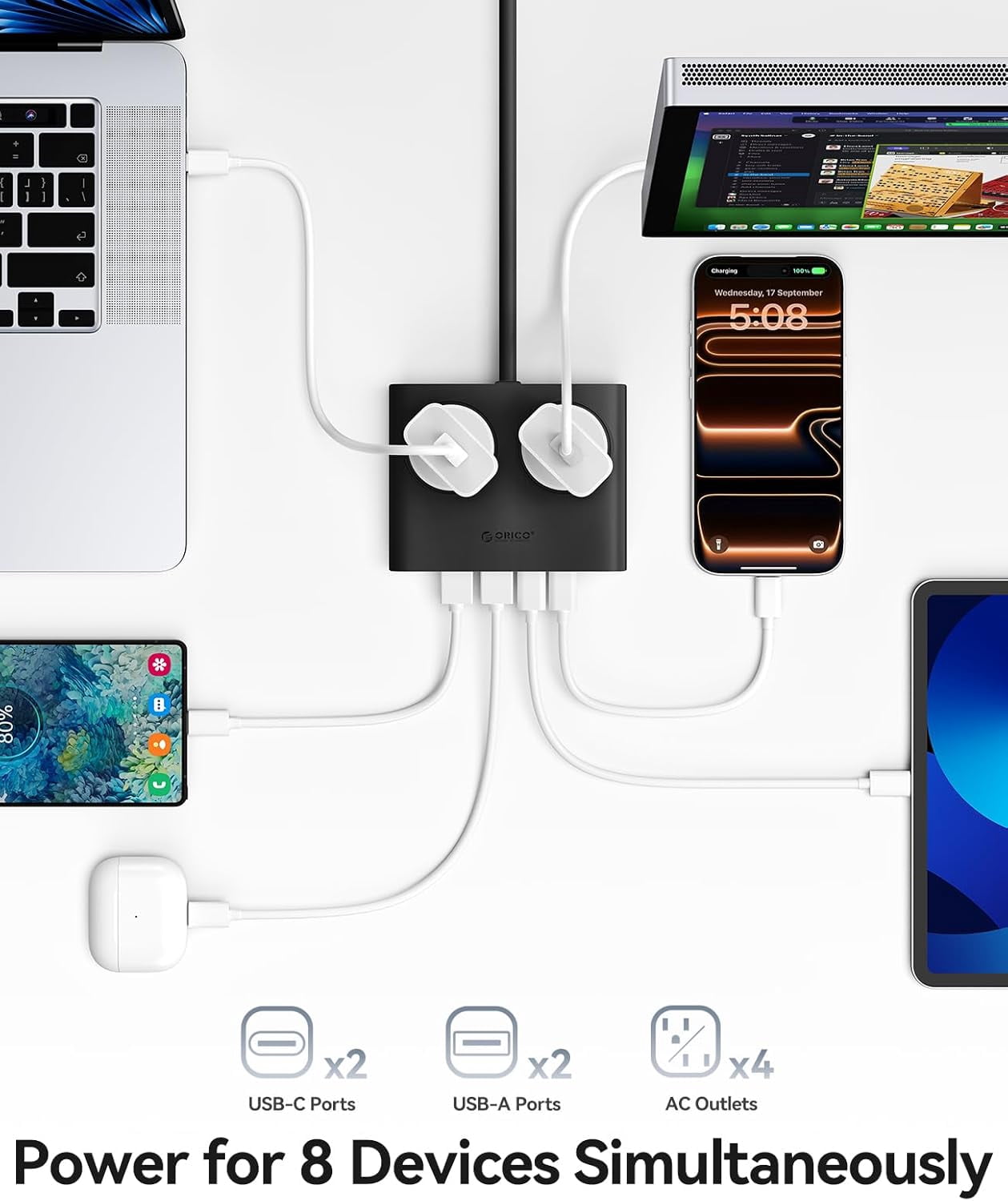 RGHJAR-Power Brick, 25W GaN Power Strip, 8 in 1 Extension Cord with 4 AC Outlets and 2 USB-A and 2 USB-C Ports, 5ft Flat Plug Black Outlet Extender for Home/Dorm/Travel-PDC (1 PCS)