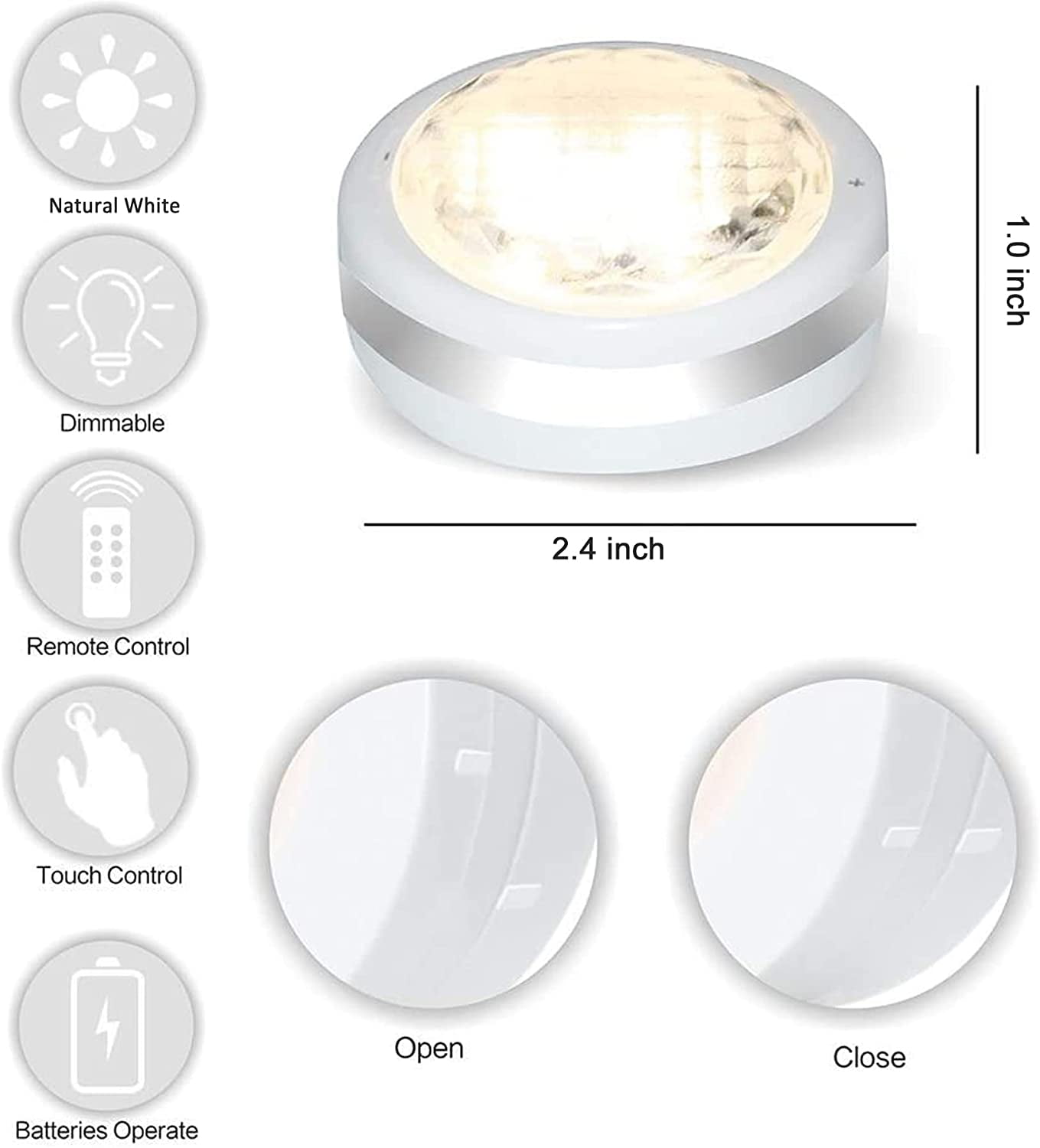 RGHJAR-Puck Lights with Remote, Battery Operated Under Cabinet Lighting, Led Tap Light with Remote Control, Locker Light Closet Light, 4000K Natural White (6PK)