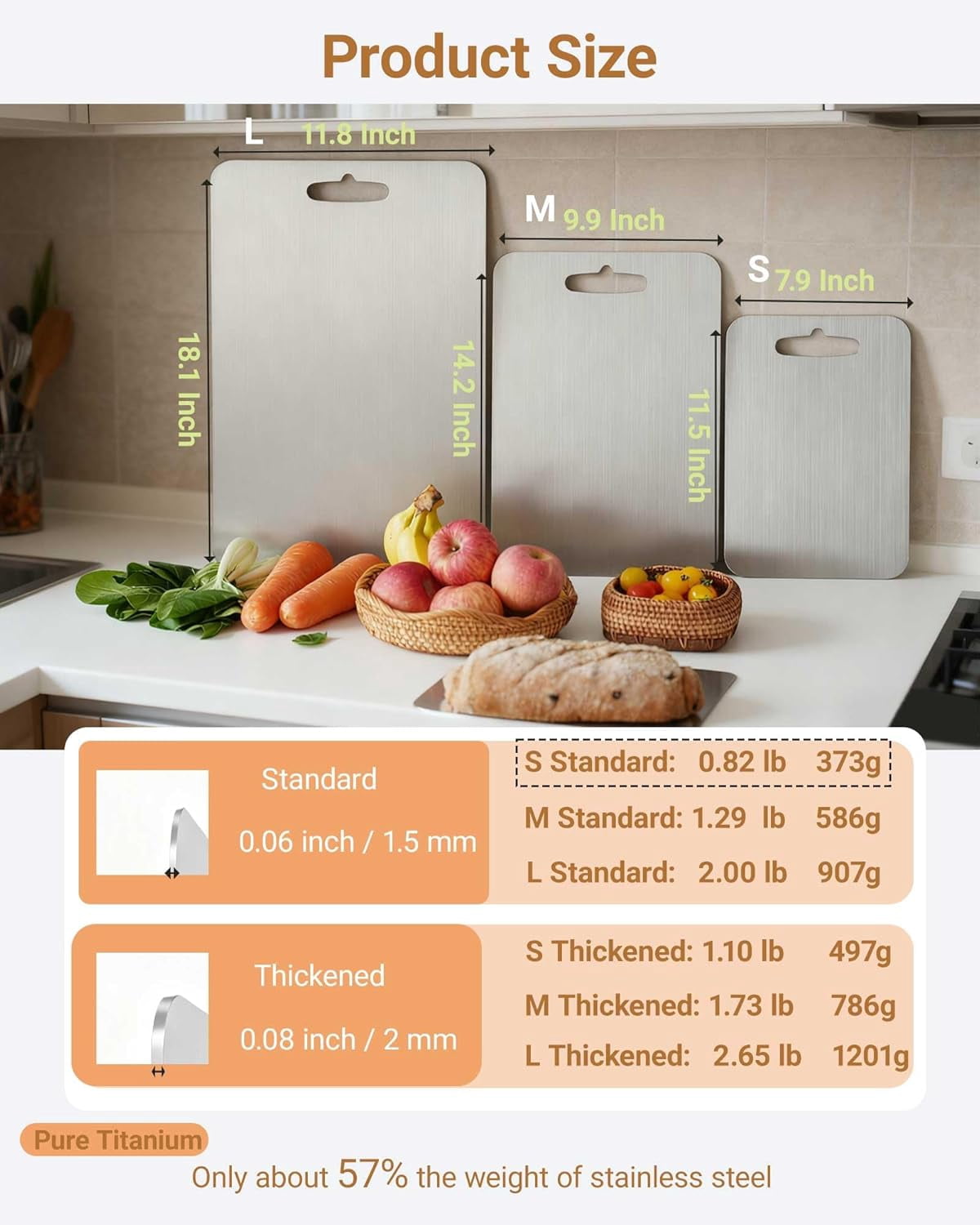 RGHJAR-Pure Titanium Cutting Boards for Kitchen,Double Sided,Dishwasher Safe,Food-Grade Titanium Chopping Board for Camping & Suitable for Meat,Charcuterie,Vegetables & Fruits(S 11.5" x 7.9" x 0.06")