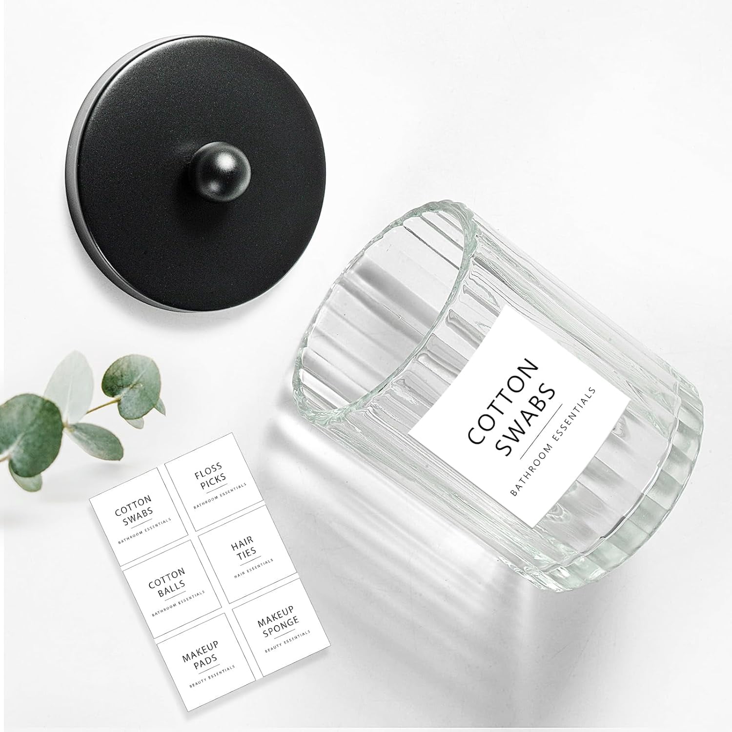 RGHJAR-Qtip Holder Dispenser for Cotton Swabs, Cotton Balls, Pads, Floss Picks, Clear Glass Canister Apothecary Jar, Bathroom Essential Accessories Decor, Bathroom Storage Organizer (Black, 4 Pack)