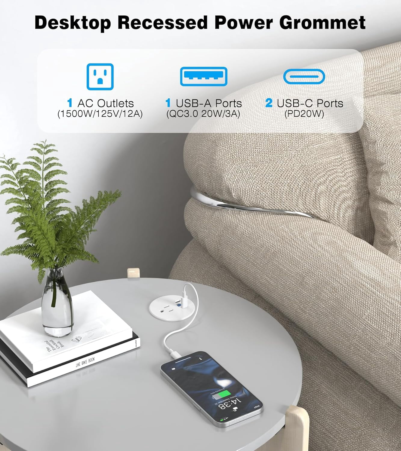 RGHJAR-Recessed Power Strip-2 Pack Desk Grommet Power Strip, 2.5 inch Desktop with 20W Fast Charging USB-C Port (White, 10FT)