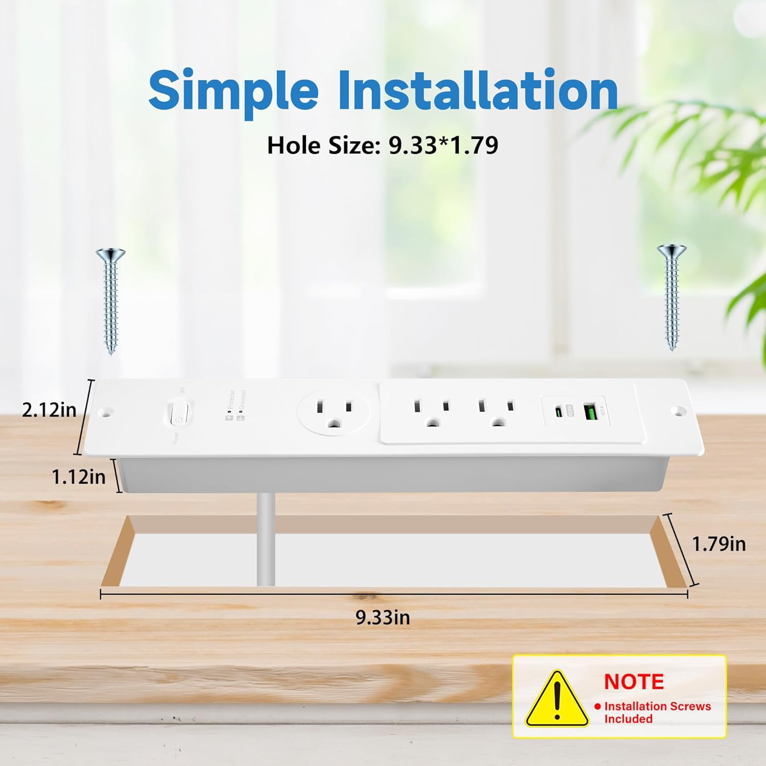 RGHJAR-Recessed Power Strip with 6 Feet Cord, 45 Degree 3-Prong Thin Flat Plug, 3 AC Outlets (1 Widely Spaced AC Outlets),2 USB Ports (20W PD USB-C & 18W QC3.0 USB-A) 980J Surge Protection, ETL Liste