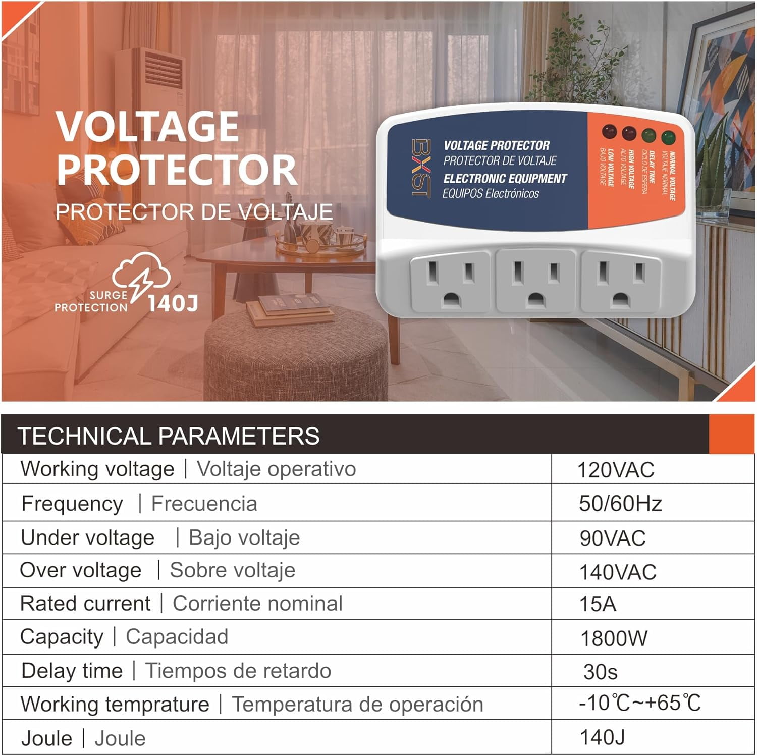 RGHJAR-Refrigerator Surge Protector 3 Outlet Power Strip for Home Appliance 30S Delay Voltage Protector Brownout Surge Protector Plug for TV/PC/Fridge15A 1800W 140J