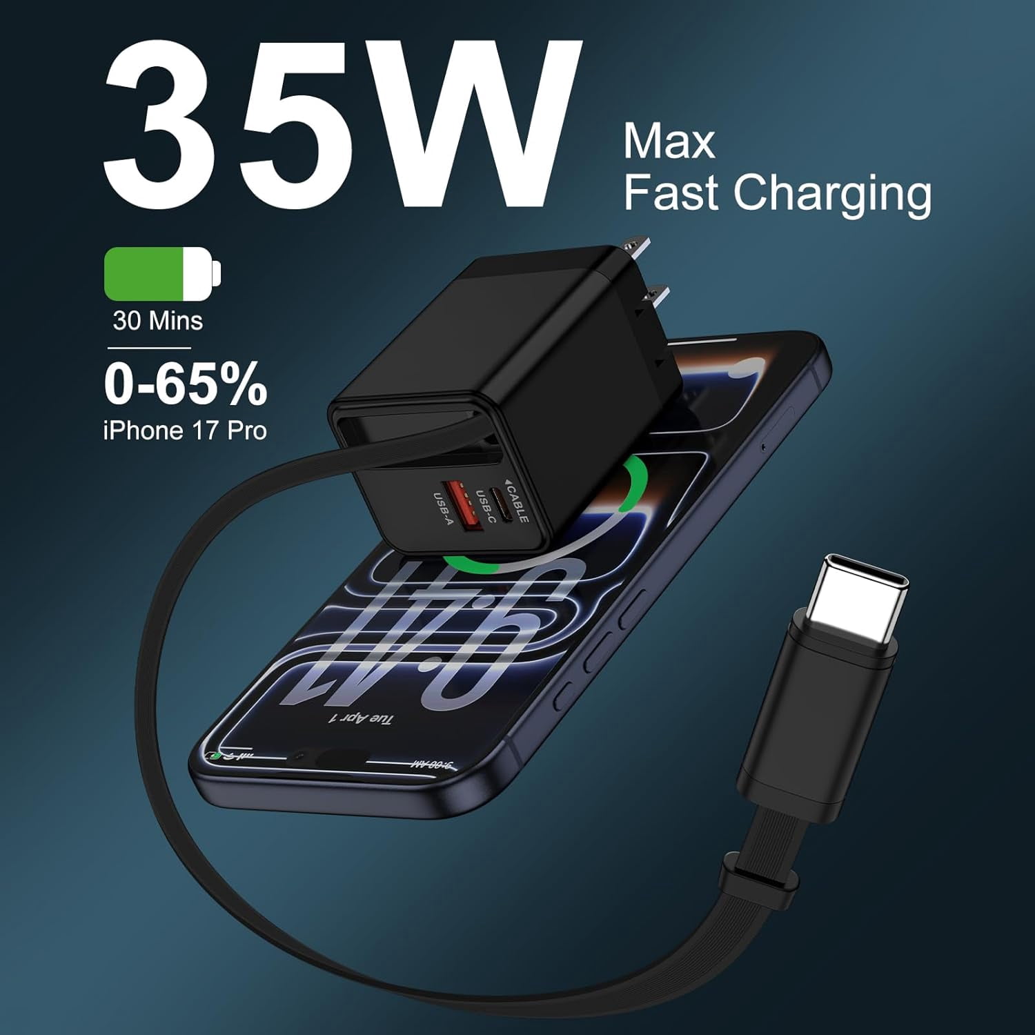 RGHJAR-Retractable USB C Charger Block, 35W 2 Ports Type C Fast Phone Charging Box Foldable Cube QC 3.0 Brick Power with 3FT USB C Cable for Samsung Galaxy S26 Ultra/S26/S26+/S25 FE Edge/S24/Z Flip 7