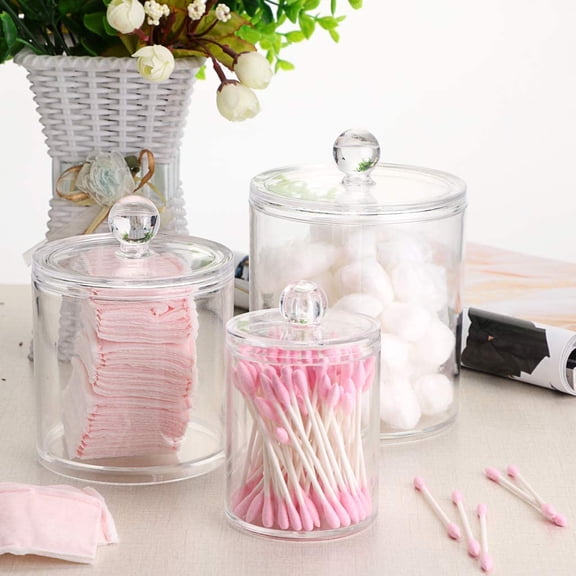 RGHJAR-Set of 3 Cotton Ball and Swab Organizer With Lid - Apothecary Acrylic Jar Makeup Organizer, Q-Tips Holder, Bathroom Vanity Storage Canister for Rounds and Pads
