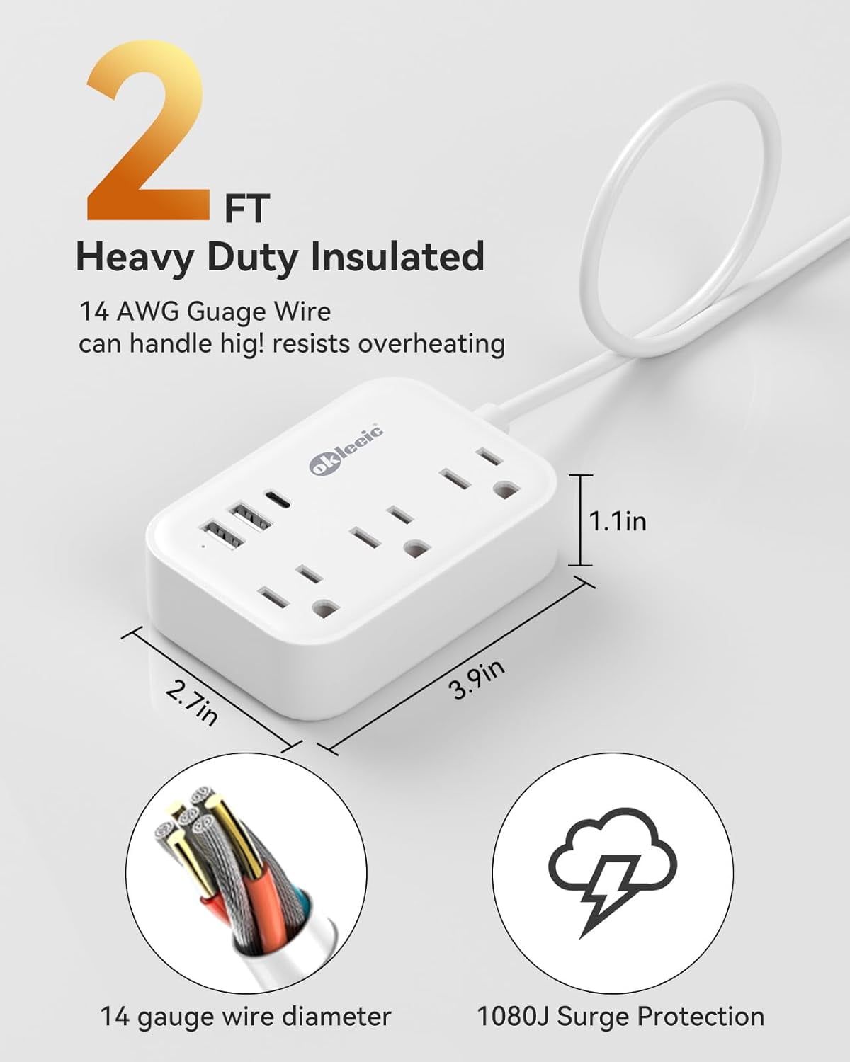 RGHJAR-Short Extension Cord 2 Foot - Small Surge Protector Appliance Power Strip, 14 Gauge Heavy Duty Extension Cord with 3 Outlets 3 USB, High Wattage for Microwave, Workbench, Kitchen, Garage Must