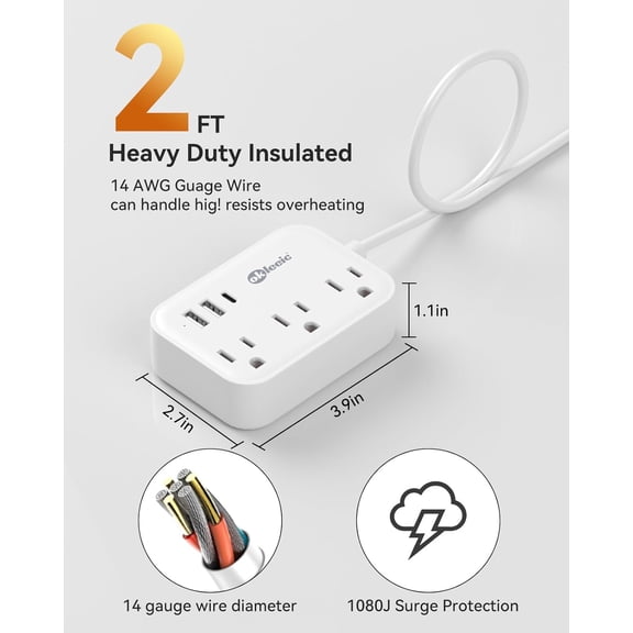 RGHJAR-Short Extension Cord 2 Foot - Small Surge Protector Appliance Power Strip, 14 Gauge Heavy Duty Extension Cord with 3 Outlets 3 USB, High Wattage for Microwave, Workbench, Kitchen, Garage Must