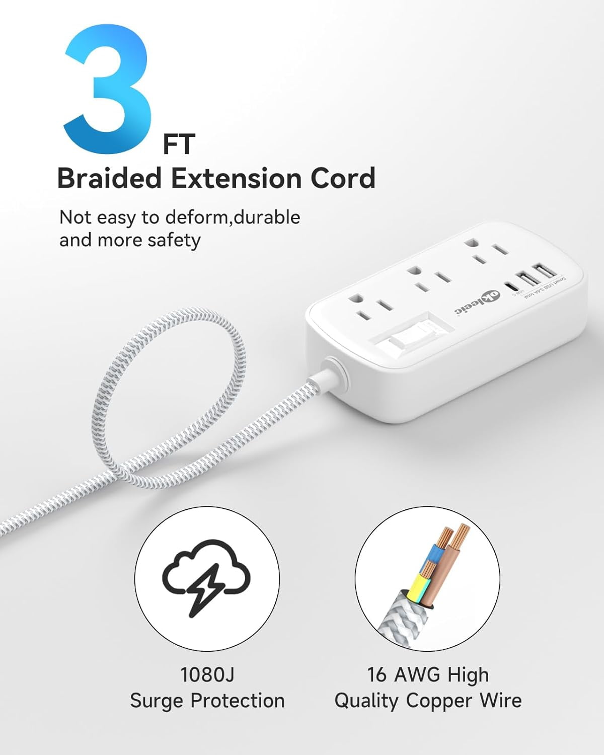 RGHJAR-Short Extension Cord 3 Ft - Small Power Strip Flat Plug Surge Protetor with 6 Outlets & 3 USB (1 USB C) Charging Ports, Multi Plug Wall Outlet Extender for Travel Dorm Room Essentials