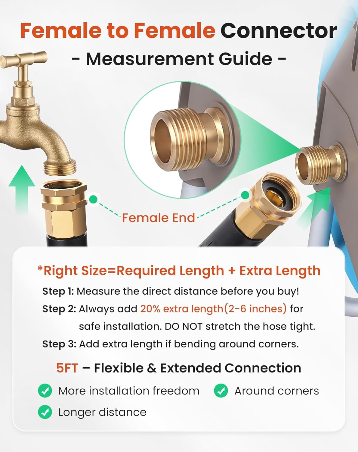 RGHJAR-Short Garden Hose 5 ft with Female to Female Connector, Small Metal Leader Hose, Drinking Water Hose, Flexible, Lightweight Stainless Steel Water Pipe for RV, Outdoor, Yard, 5ft x 5/8"