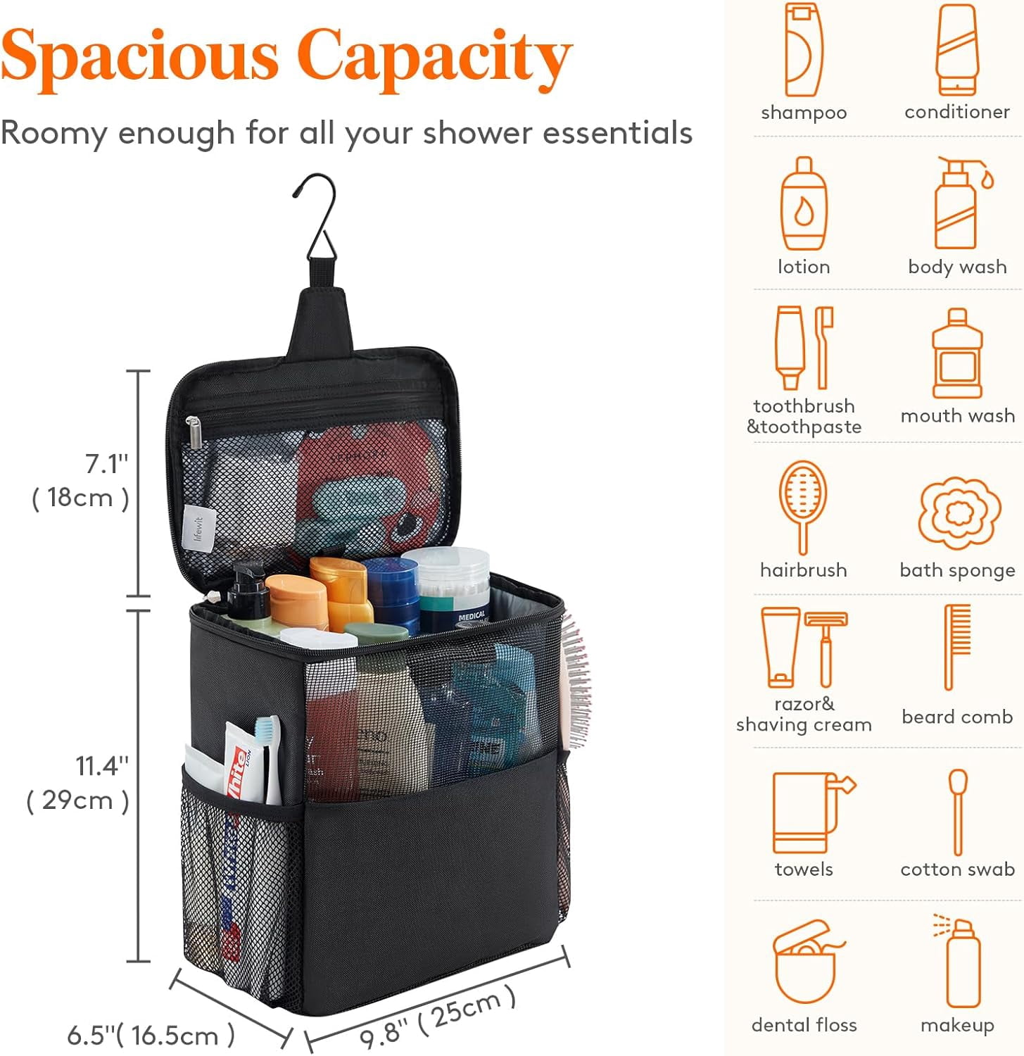 RGHJAR-Shower Bag Mesh Shower Caddy Portable College Dorm Room Essentials Tote Bag for Bathroom, Gym, Travel, Camping Quick Dry Hanging Shower Organizer Basket Toiletry Bag, Large, Black