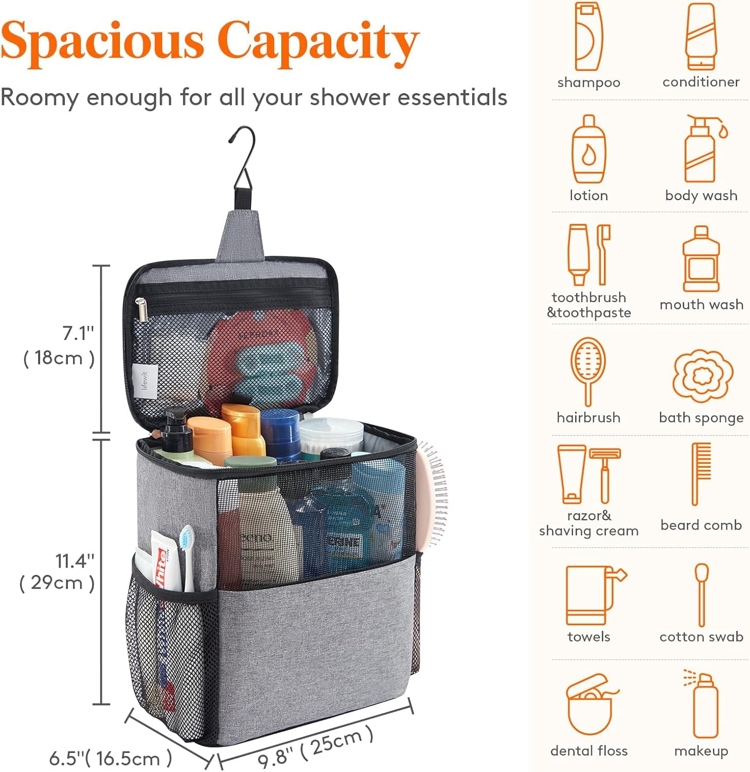 RGHJAR-Shower Bag Mesh Shower Caddy Portable College Dorm Room Essentials Tote Bag for Bathroom, Gym, Travel, Camping Quick Dry Hanging Shower Organizer Basket Toiletry Bag, Large, Grey