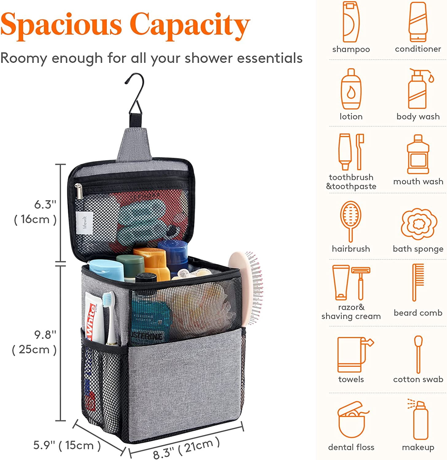 RGHJAR-Shower Bag Mesh Shower Caddy Portable College Dorm Room Essentials Tote Bag for Bathroom, Gym, Travel, Camping Quick Dry Hanging Shower Organizer Basket Toiletry Bag, Medium, Grey
