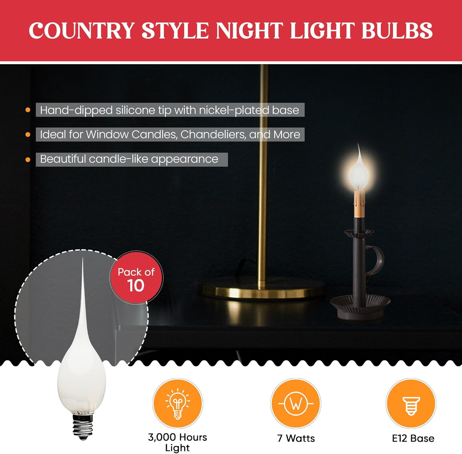 RGHJAR-® Silicone Dipped, Country Style, Electric Candle Lamp Chandelier Light Bulbs, 7 Watt Incandescent, Individually Boxed - 10 Pack