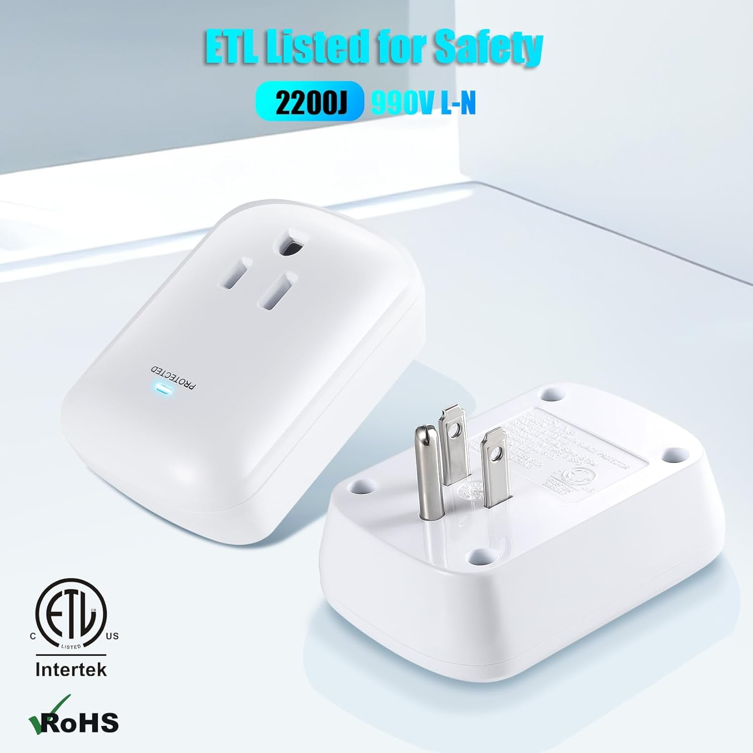 RGHJAR-Single Surge Protector Plug, ETL Listed Grounded Outlet Wall Tap Adapter with Indicator Light,1-Outlet,2200 Joules/15A/1875W, White, 2Pack, LA-9A-10