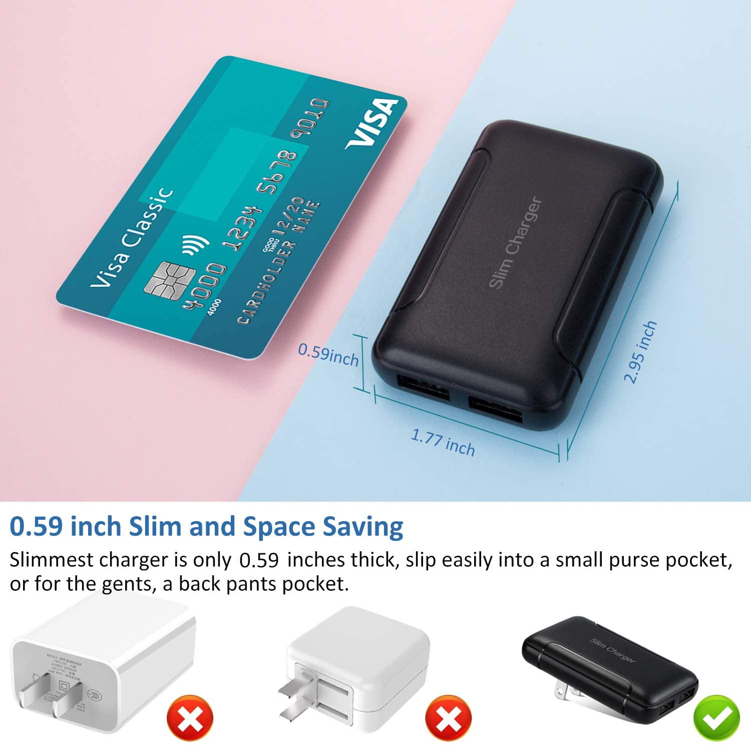 RGHJAR-Slim Flat USB Wall Charger, 2-Pack 3A Dual Port 15W Wall Charger Adapter, USB Charger Block with Foldable Plug, Charging Box Brick Cube for iPhone 17 16 15 14 13 12 11 Pro Max,Samsung,LG,Pixe