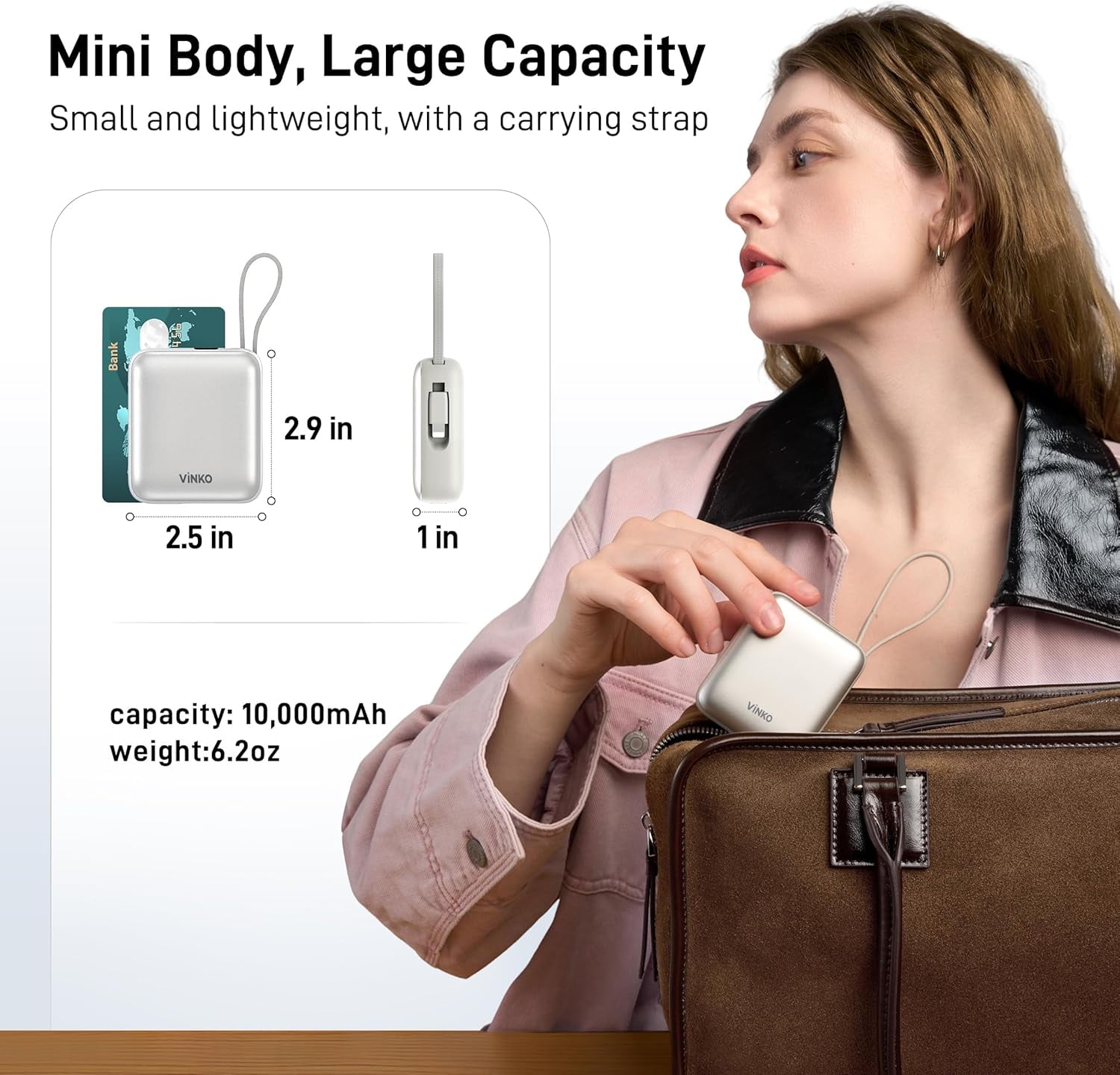 RGHJAR-Small Portable Charger, 22.5W Fast Charging Mini Power Bank 10000mAh with Built-in Cables, Travel Essential USB-C Battery Pack Compatible with iPhone 17/16/15, Samsung S25/24, Android (White)