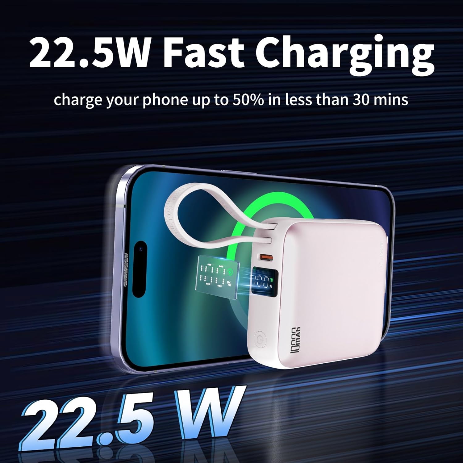 RGHJAR-Small Portable Charger with Built in Cables LED Display, Mini Power Bank 10000mAh 22.5W USB-C Fast Charging Battery Pack, Travel Essential Power Bank for iPhone, iPad, Samsung, Android Pink