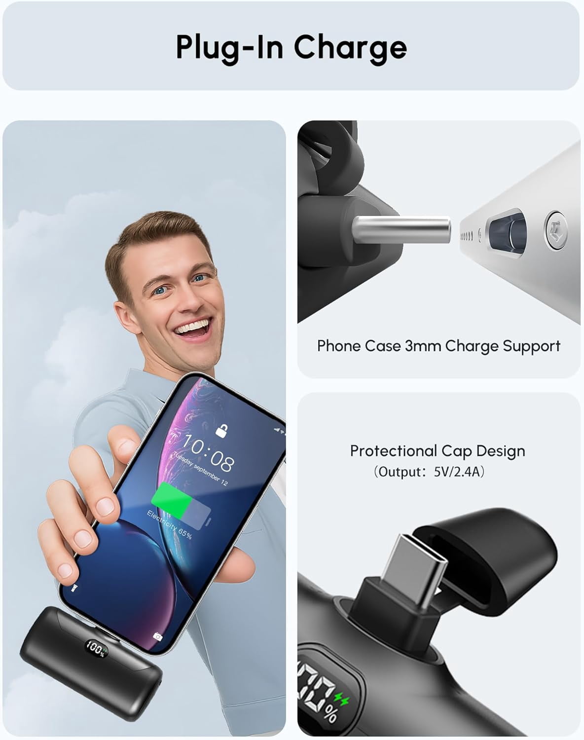 RGHJAR-Small USB C Power Bank with Foldable Stand for iPhone 17/Samsung Galaxy S25, Palm-Sized Portable Charger External Battery Charger for Andoid, 5000mah Battery Pack with Digital Display-Black