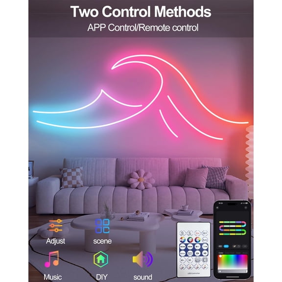 RGHJAR-Smart Neon Rope Lights USB, 16.4Ft LED Rope Lights IC & RGB Color Changing with APP Control, Music Sync Neon Strip Lights Outdoor Waterproof DIY for Gaming Room Living Indoor Decor