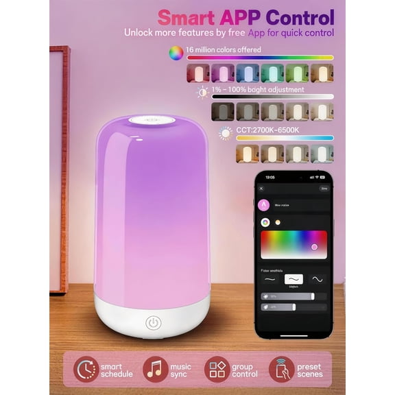 RGHJAR-Smart Touch Bedside Table Lamp [Multi-Color & Warm Lights], 3600mA Cordless Small Table Lamp Rechargeable, 7 Colors & Fully Dimmable LED Night Lights for Bedroom Nightstand Nursery Living Room
