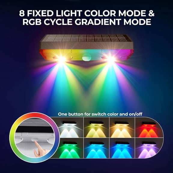 RGHJAR-Solar Fence Lights Outdoor 8 Pack  IP65 Waterproof Wireless Solar Deck Lights with 9 Color Modes, 80 Lumen Bright LED for Fence, Backyard, Patio, Pool, Wall  12+ Hour Runtime, No Wiring
