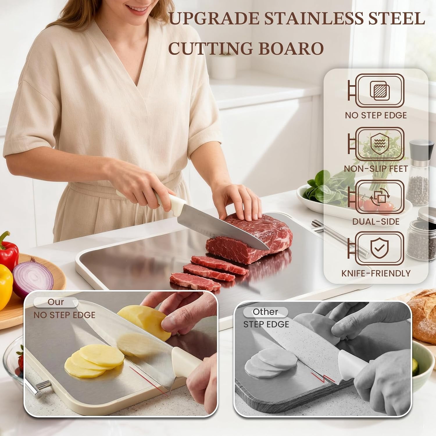 RGHJAR-Stainless Steel Cutting Board - Double Sided Steel Bread Boards for kitchen non toxic Chopping Board for Meat 15.8"L x 10.2"W Stainless Steel/Wheat straw pp Dishwasher Safe