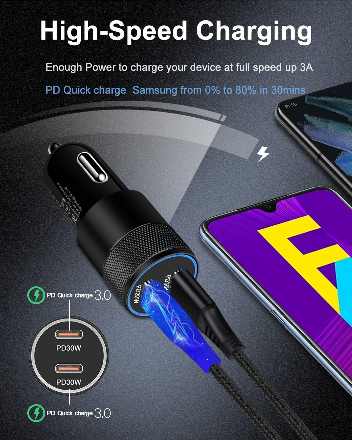 RGHJAR-Super Fast Car Charger for Samsung Galaxy A17, 60w Dual-Port USB-C Car Charger Cigarette Lighter Adapter + Pd Typec to C Cable for Galaxy S26 Ultra S25 S24 S23 iPhone 17e 17 16e 16 Pro Max USB