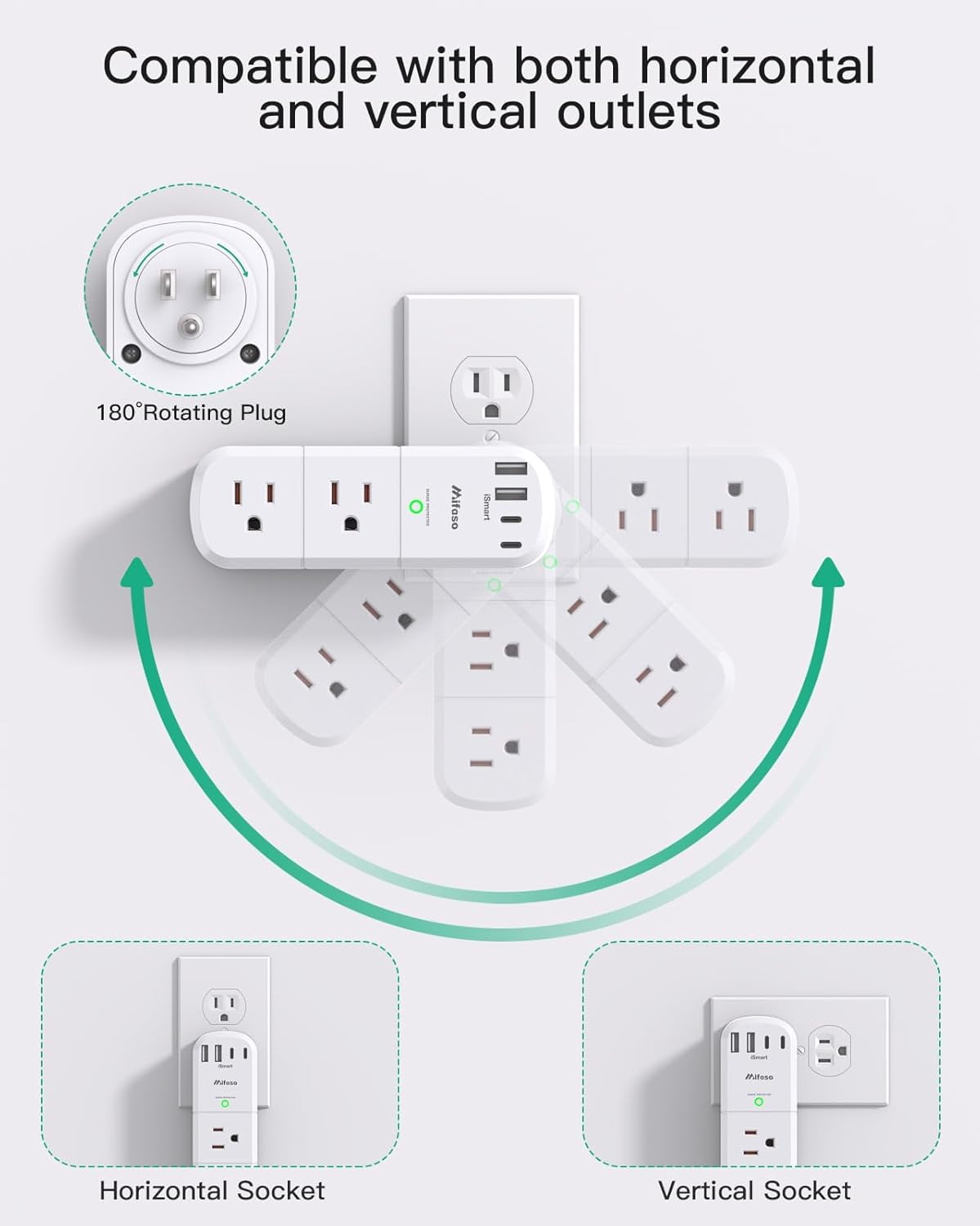 RGHJAR-Surge Protector Outlet Extender with Rotating Plug, 6 AC Multi Plug Wall Outlets and 4 USB Ports, 1800 Joules, Swivel Power Strip Electrical Splitter for Home Decor Apartment Dorm Room Essenti