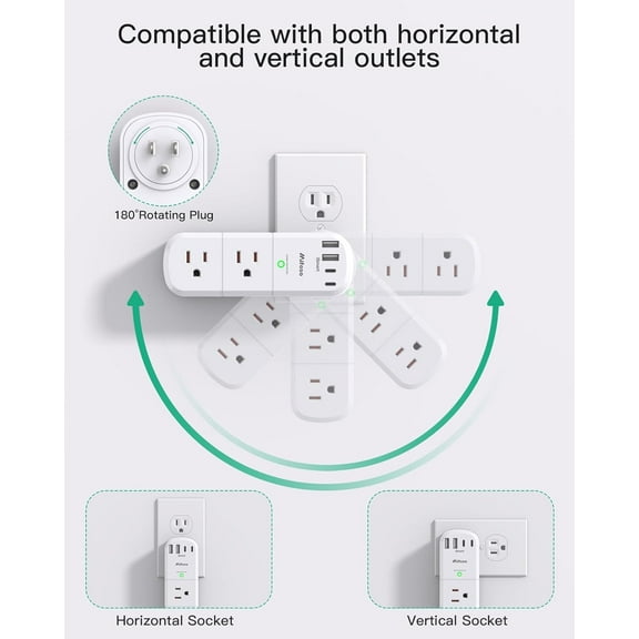 RGHJAR-Surge Protector Outlet Extender with Rotating Plug, 6 AC Multi Plug Wall Outlets and 4 USB Ports, 1800 Joules, Swivel Power Strip Electrical Splitter for Home Decor Apartment Dorm Room Essenti