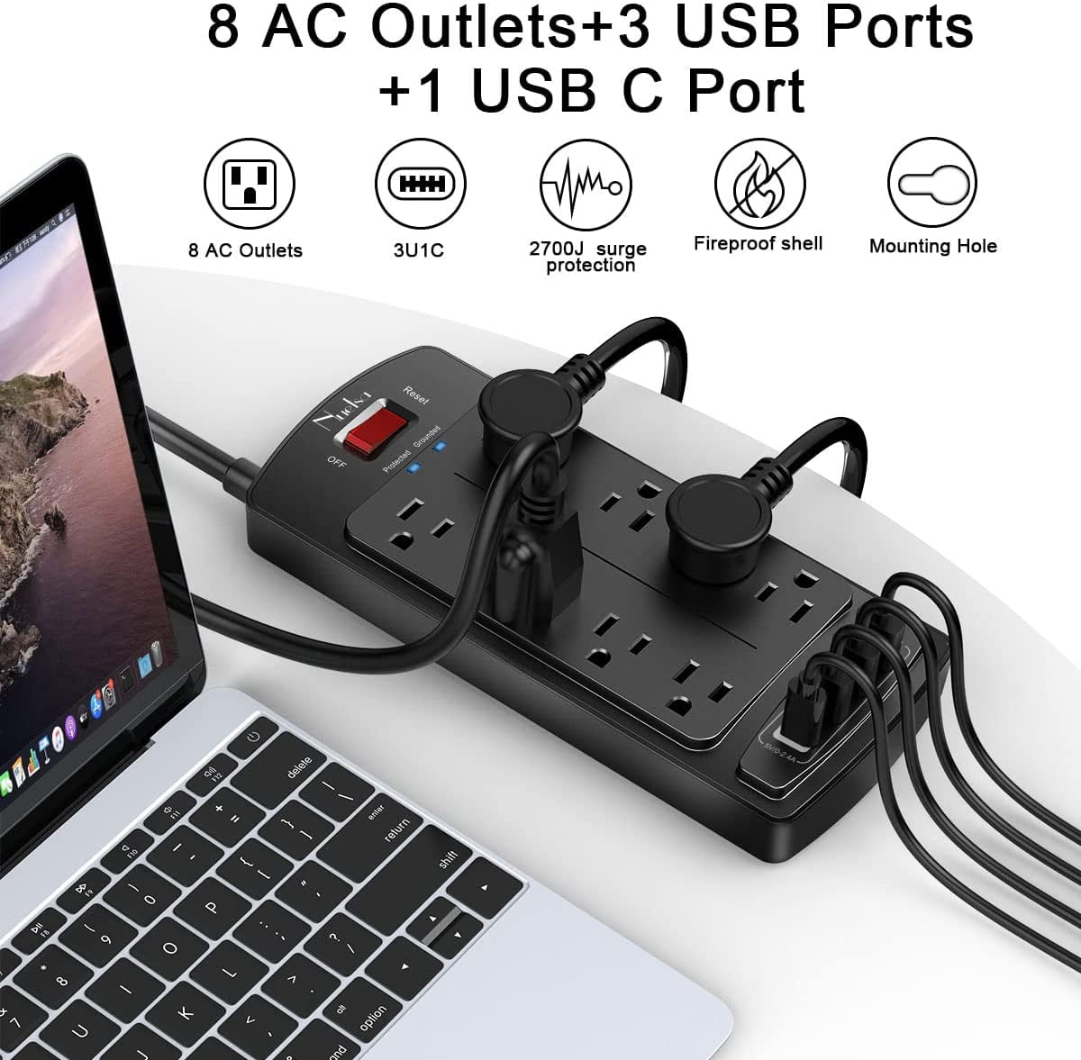 RGHJAR-Surge Protector Power Strip - Flat Plug Extension Cord with 8 Outlets and 4 USB Ports, 6 Feet Power Cord (1625W/13A), 2700 Joules, ETL Listed, Black